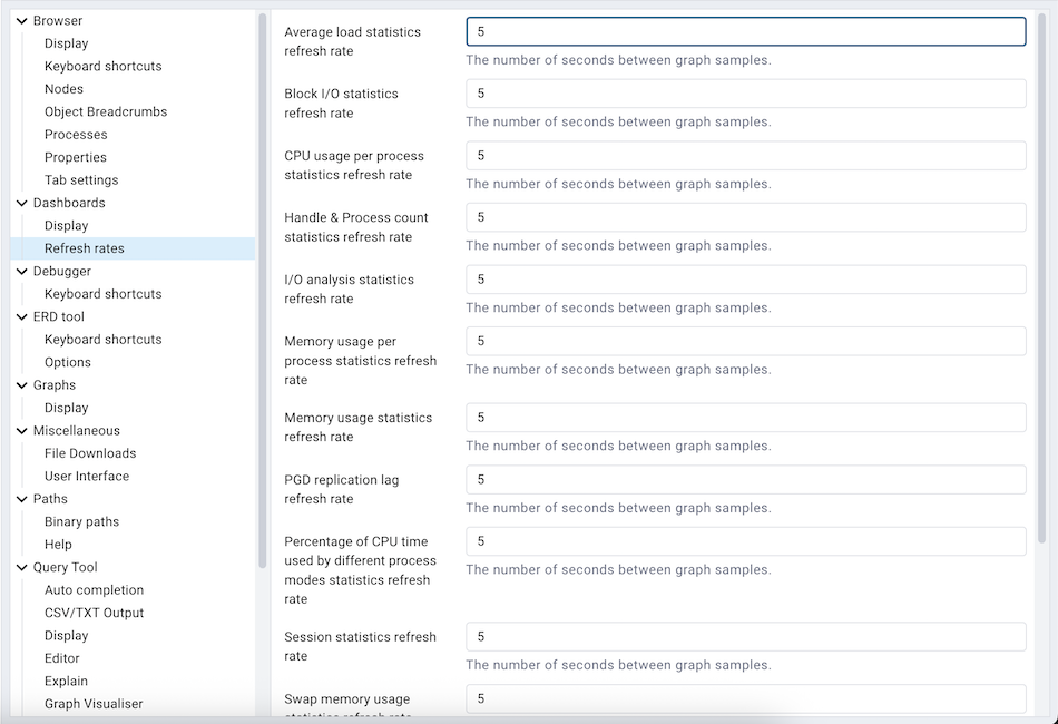 Preferences dashboard refresh options