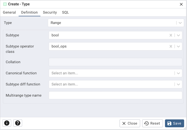 Type dialog range section