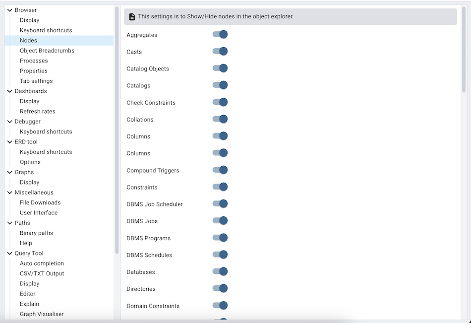 Preferences browser nodes section