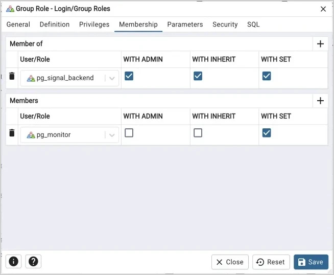 Role dialog membership tab